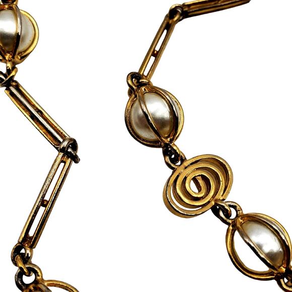 Faux Pearl Long Necklace Gold Tone Scroll Chain Vintage 1970s Flapper 36 1/2" - Picture 2 of 7